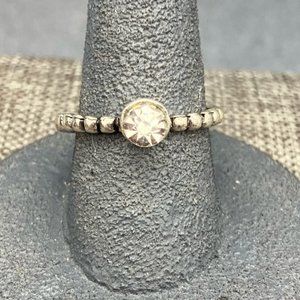 Silver Rhinestone Ring Size 7 Ridged Square Round Symbol Classic Retro BoHo